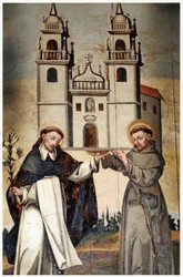 St. Dominicus en St. Franciscus houden een miniatuurmodel van de kerk in As Ermidas